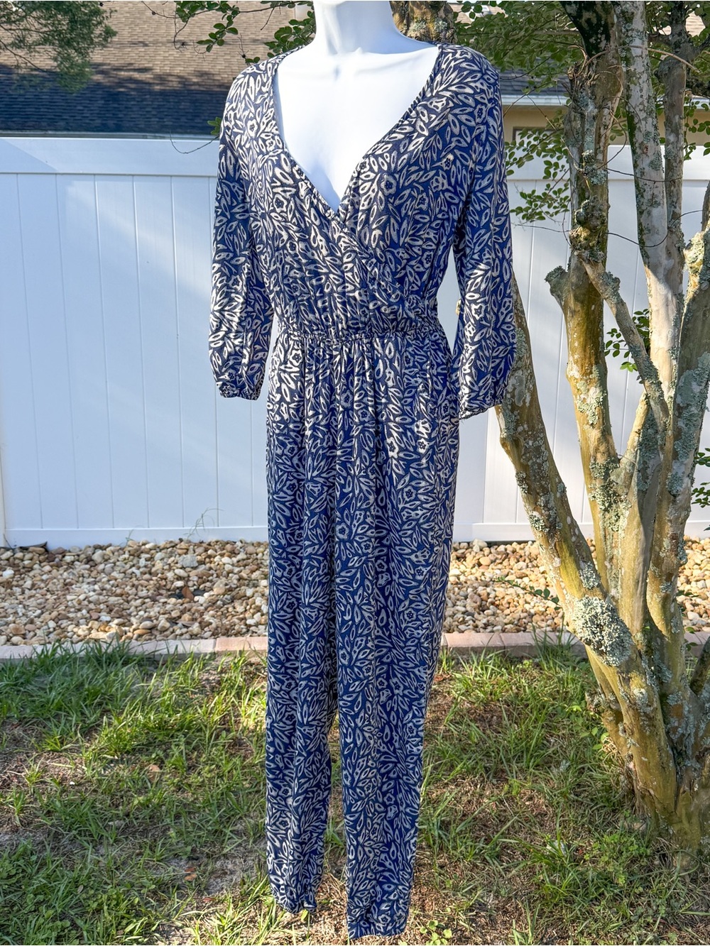Hollister Blue White Boho Floral Print Surplice Jumpsuit S